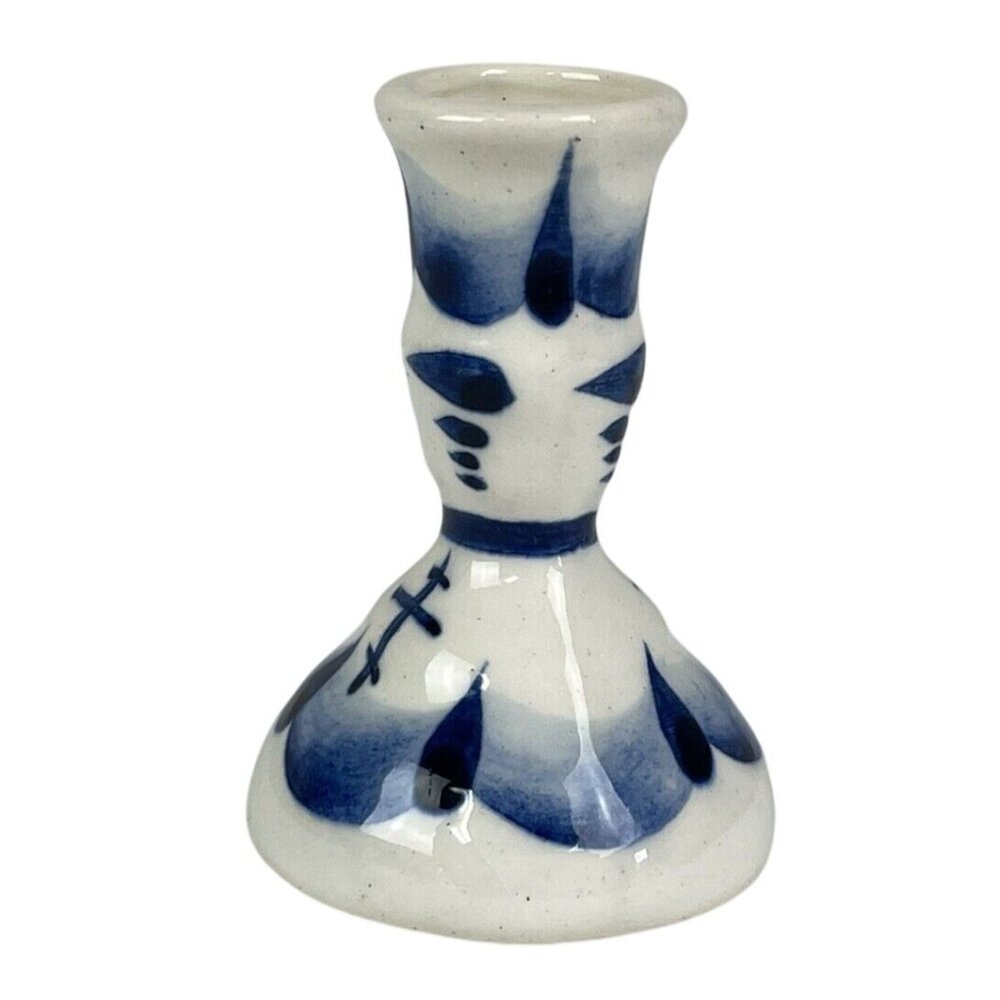Hand-Painted Blue & White Ceramic Miniature Candleholder Signed K - Picture 3 of 9